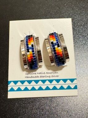 Navajo Sterling Silver Inlay Earrings Lucille Romone Multicolor Beaded Handmade